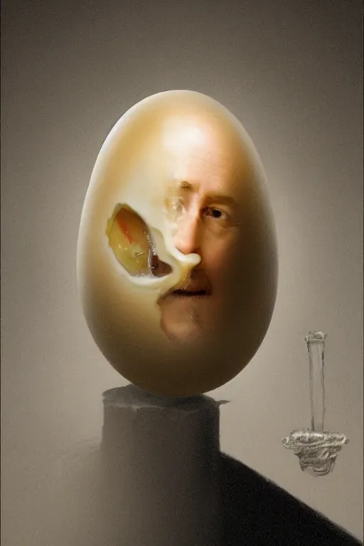 Image similar to a boiled egg with with edward norton's face inside the egg, highly detailed, dramatic lighting, concept art by caravaggio and greg rutkowski and artgerm