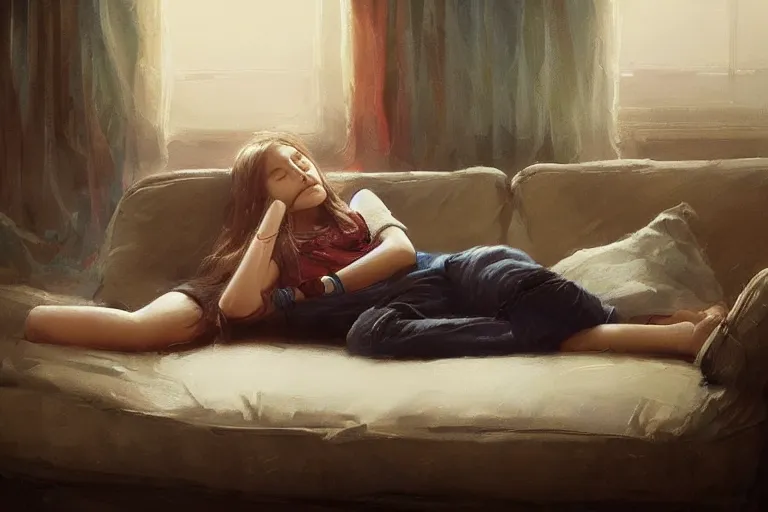 Prompt: a beautiful picture of a teenager sleep on the sofa, by greg rutkowski and thomas kinkade, trending on artstation