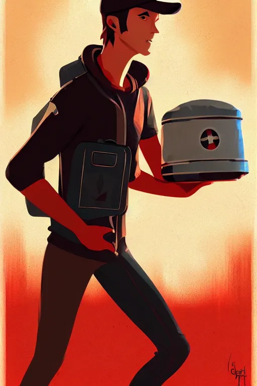 Prompt: greg rutkowski travel poster futuristic pizza delivery boy