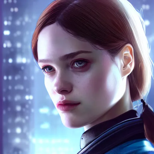 Image similar to portrait of chloe from detroit - become human by artgerm, close up, portrait, cinematic, elegant, artstation, intricate, highly detailed, digital painting, artstation, concept art, sharp focus, illustration, cyberpunk, cgsociety, 8 k