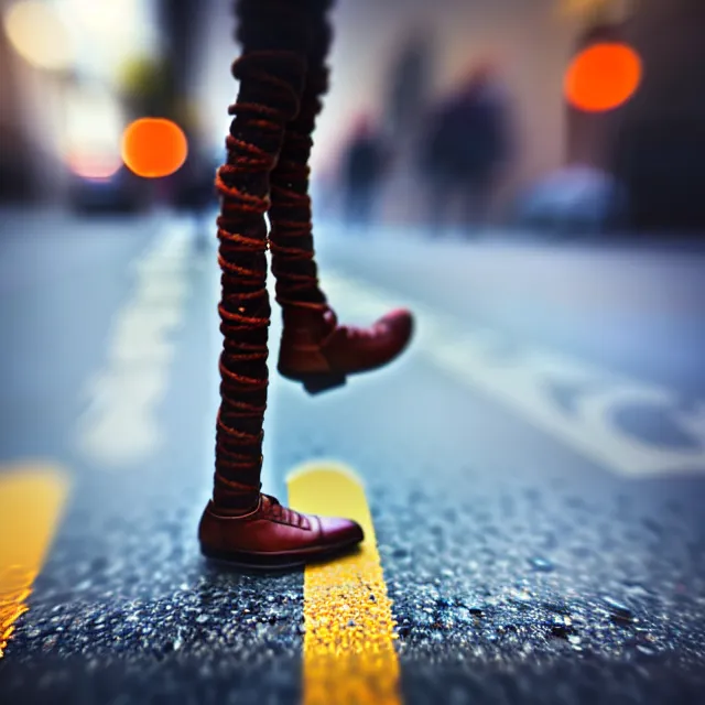 Image similar to epic professional tilt shift photograph of a tight rope walker walking over a busy street full of traffic, Canon TS-E 90mm f/2.8L Macro, epic, stunning, gorgeous, much detail, award winning masterpiece