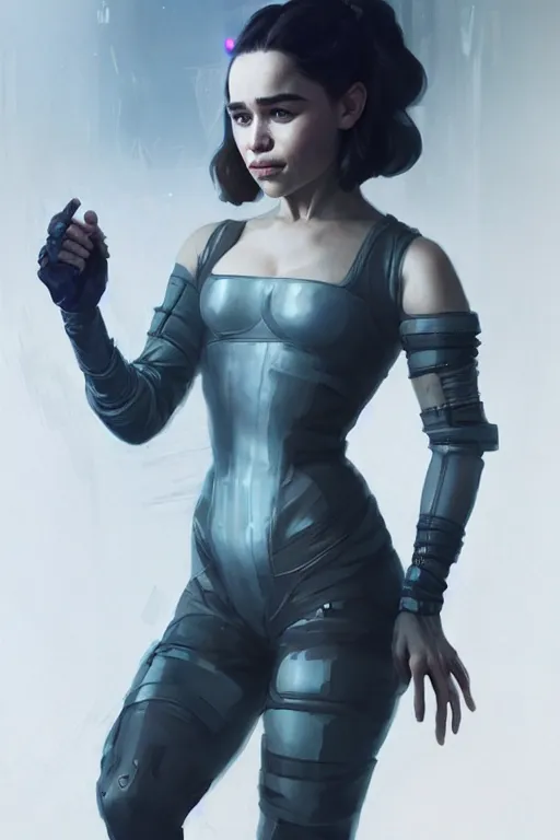 Image similar to Emilia Clarke in a Cyberpunk Outfit, anatomy, only two hands, highly detailed, digital painting, artstation, concept art, smooth, sharp focus, illustration, Unreal Engine 5, 8K, art by art by artgerm and greg rutkowski and edgar maxence