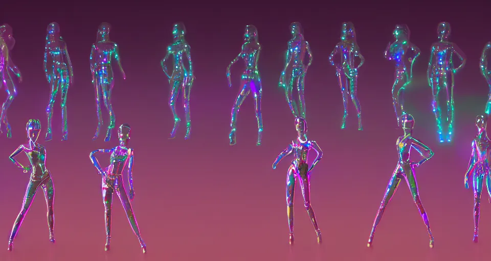 Image similar to silhouettes of dancing holographic girls, futuristic, in the style of Pixar animation, very low angle view, 16mm lens, award winning, hyper detailed, dramatic lighting, artstation, octane renderer, unreal engine