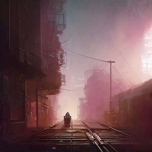 Image similar to a retrofuturistic train driving trough dystopian hellscape, long shot, lumnious, magical, atmospheric, urban concept art, backlighting, by greg rutkowski *, martin mottet, maya takamura, and william turner