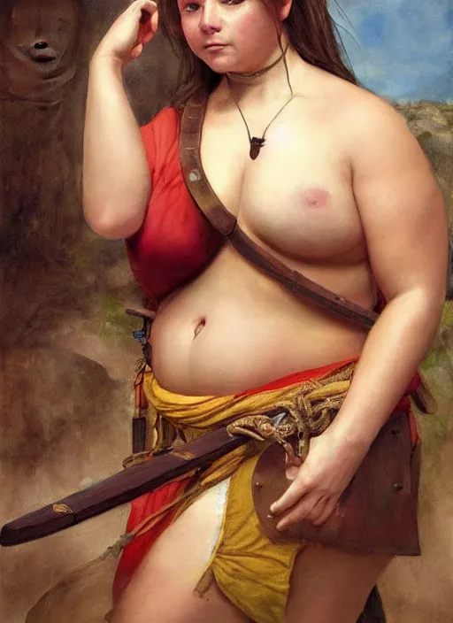 Image similar to hyper realistic painting of medieval chubby beautiful warrior girl, full body, rule of thirds, conceptart, saturated colors, jean baptiste monge