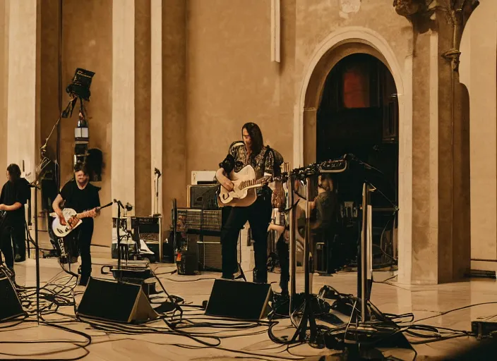 Prompt: a high resolution photograph of sunn o ) ) ) playing live at the vatican