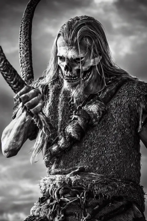 Image similar to realistic photograph of a skeleton viking man in the middle of battle, highly detailed, cinematic, portrait, close - up,