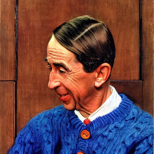 Image similar to norman rockwell painting of mr. rodgers wearing a blue cardigan