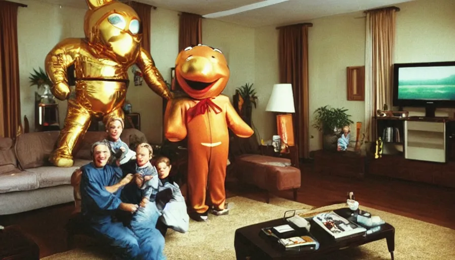 Prompt: 1990s candid 35mm photo of a beautiful day in the living room, cinematic lighting, cinematic look, golden hour, a very large, oversized magical salesman mascot is hanging out of the TV and trying to sell the family a car, salesman is a very large giant mascot, there is a sports car in the living room, portal energy is coming out of the TV, UHD