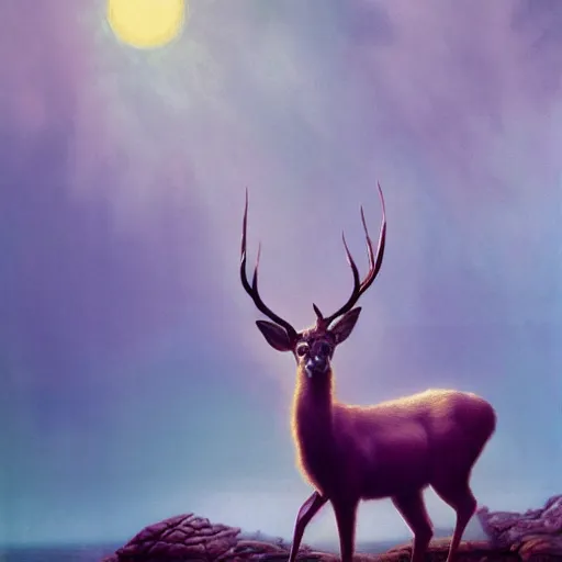 Prompt: a beautiful matte painting of screaming deer and fairy in colorful purple silk by Dean Ellis, award winning, atmospheric, epic and stunning, intricate details, sense of awe, anthropomorphic, featured on artstation