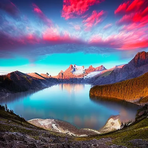 Prompt: landscape photography by marc adamus, alpine lake, sunrise, dramatic lighting, mountains, clouds, beautiful