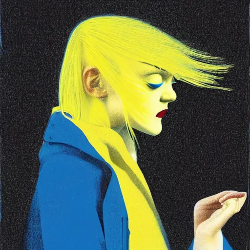 Image similar to Dakota Fanning with short blue hair wearing a yellow raincoat by Dave McKean