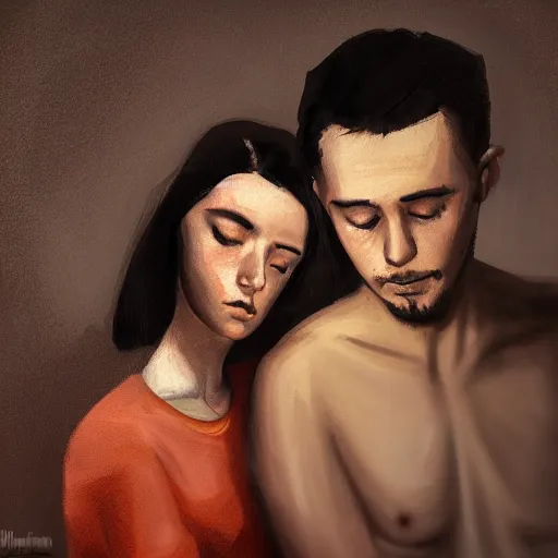 Prompt: Lonelines descipted as an potrait of a man and woman. Looking different ways. Art station. Mood lighting. - h 1200