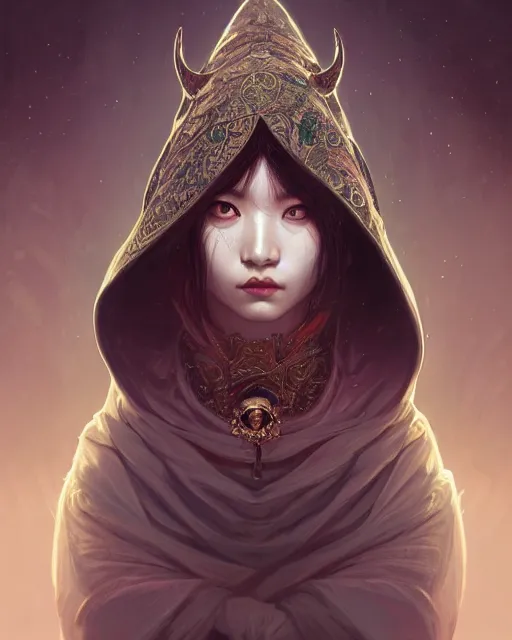 Prompt: Portrait of a female kajit, korean face features, wearing hood, dark fantasy, intricate, elegant, highly detailed, digital painting, artstation, concept art, smooth, sharp focus, illustration, art by Sam Youn and Fernanda Suarez and Artem Demura and alphonse mucha