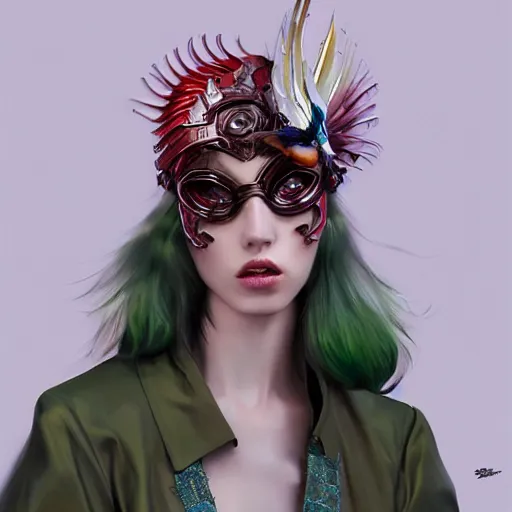 Image similar to A masterpiece portrait of a Incredibly beautiful futuristic high fashion russian model girl with designer bird mask made of latex. trending on artstation, digital art, by Stanley Artgerm Lau, WLOP, Rossdraws, James Jean, Andrei Riabovitchev, Marc Simonetti, Yoshitaka Amano