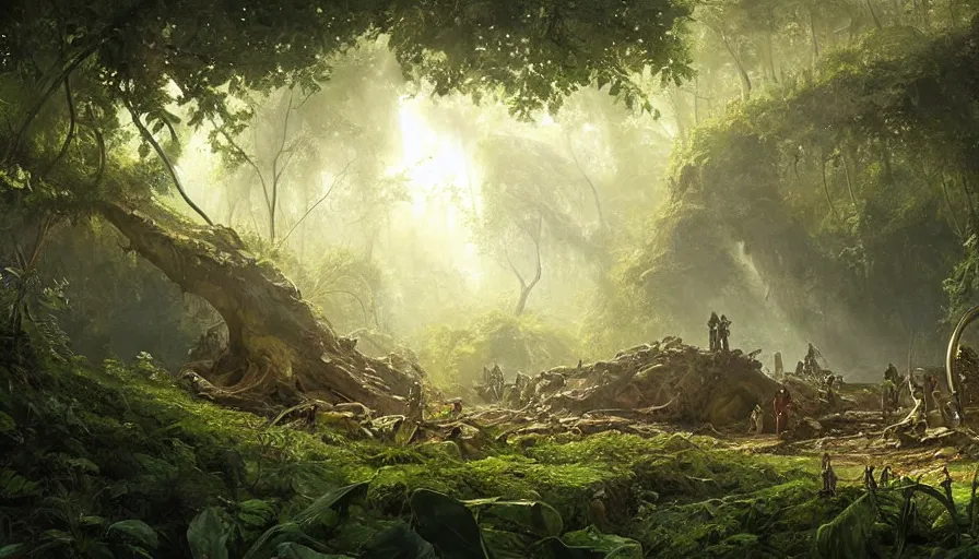 Image similar to a beautiful painting of an archaeological excavation of the battlestar galactia in a lush jungle, ray traced lighting by kalin popov and greg rutkowski