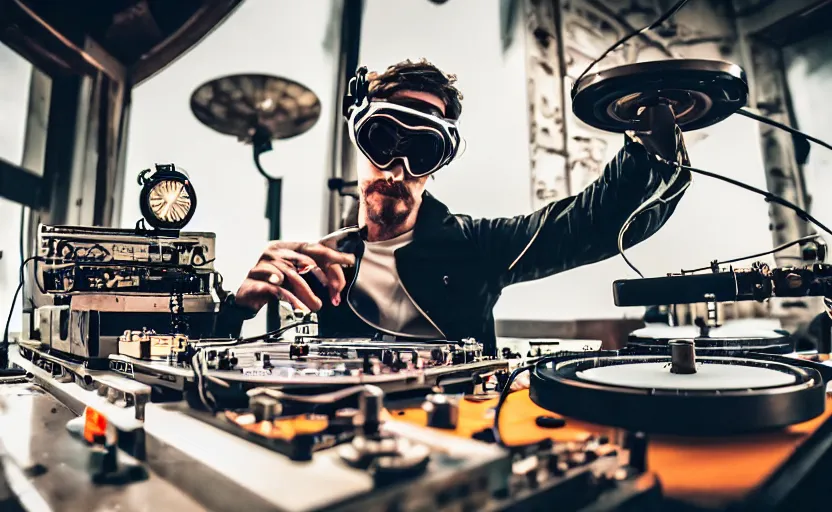 Image similar to a person wearing goggles and visor and headphones using a steampunk record player contraption, wires and tubes, turntablism dj scratching, intricate planetary gears, complex, cinematix, imax, sharp focus