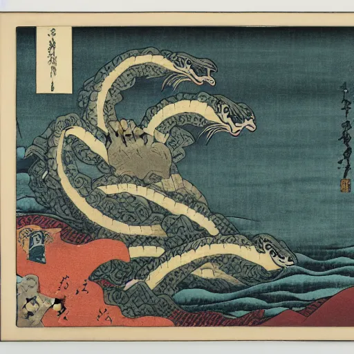 Image similar to hydra emerges from the stormy sea, ukiyo-e print