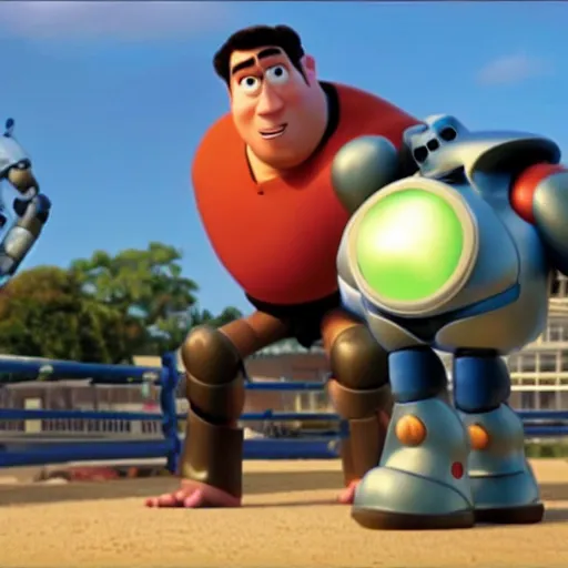 Prompt: still frame from a pixar film. in the scene, a tired man stands in a defensive boxing pose, he is fighting against a giant, 6-foot tall robot that is shaped like an alarm clock. epic. cinematic. atmospheric.