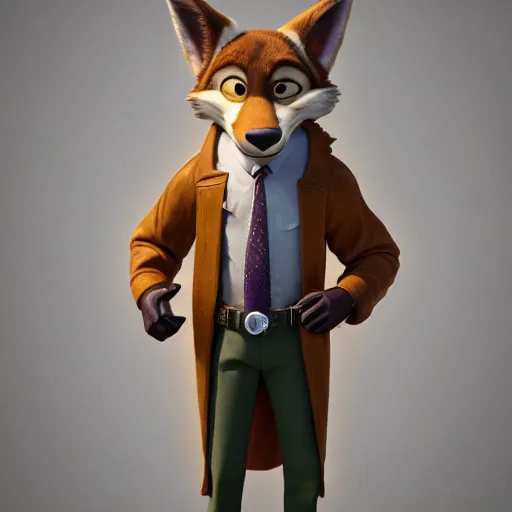 Image similar to portrait, 3 d render, anthropomorphic coyote male, wearing along brown leather maxi coat, holding a gun, in the style of zootopia