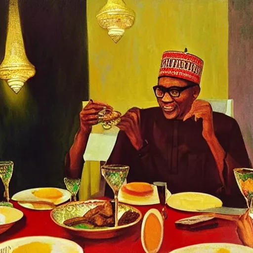 Prompt: president muhammadu buhari eating at a regal buffet facial details beautiful setting elegant event nigerian party minimalist gold ornaments iridescent lighting glamour in the style of edward hooper and henri matisse yinka shonibare oil painting