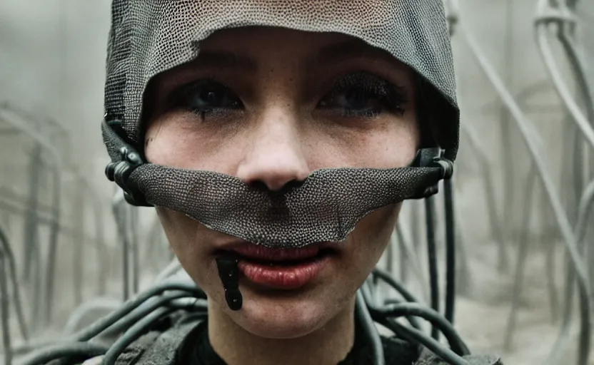 Image similar to cinestill 5 0 d photographic portrait by helen levitt of a group of diverse android women wearing rugged black mesh techwear in a foggy cement maze, extreme closeup, modern cyberpunk, dust storm, 8 k, hd, high resolution, 3 5 mm, f / 3 2, ultra realistic faces, intricate detail, ex machina