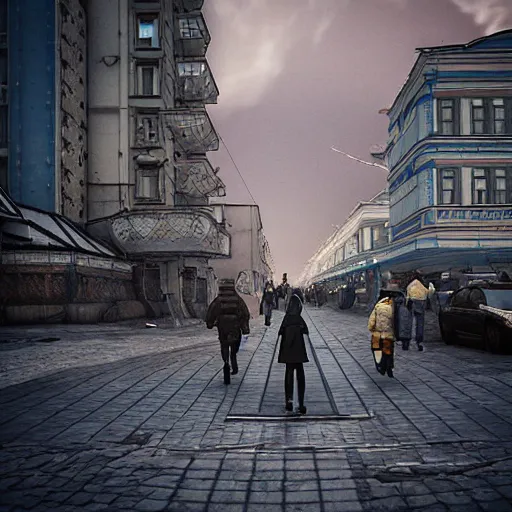 Image similar to Street photo in a crowded future Russian city on Moon, Neo Norilsk, sci-fi, 35mm, intricate, very very beautiful, elegant, highly detailed, smooth, Unreal Engine 5, sharp focus, by Evgeny Zubkov, by Marat Zakirov, trending on Behance