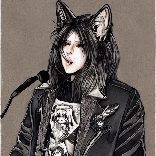 Image similar to Wolf as a rapper, holding microphone, standing on the stage, deviantart contest winner, artstation, artwork by Ayami Kojima,