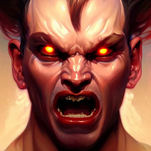 Image similar to face portrait of angry male demon screaming, realistic, high qulity, 4 k, sharp fucos, tranding on art station, illustration, art by artgerm and greg rutkowski and alphonse mucha