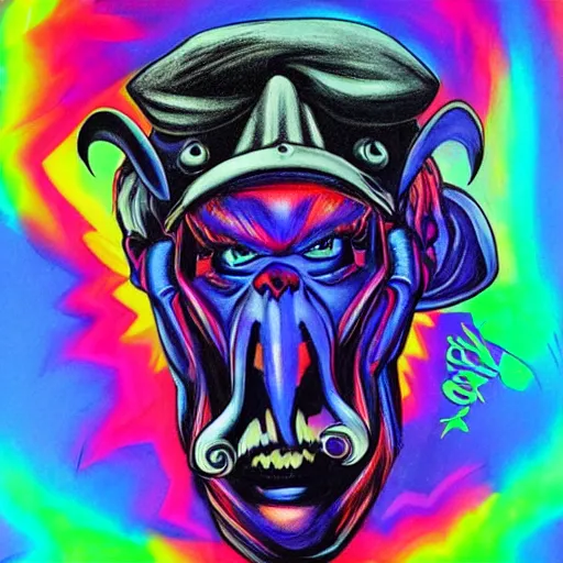 Image similar to psychedelic blacklight airbrush art of an orc riding a motorcycle, stylized, radical 90s, soft edges, smooth gradients,