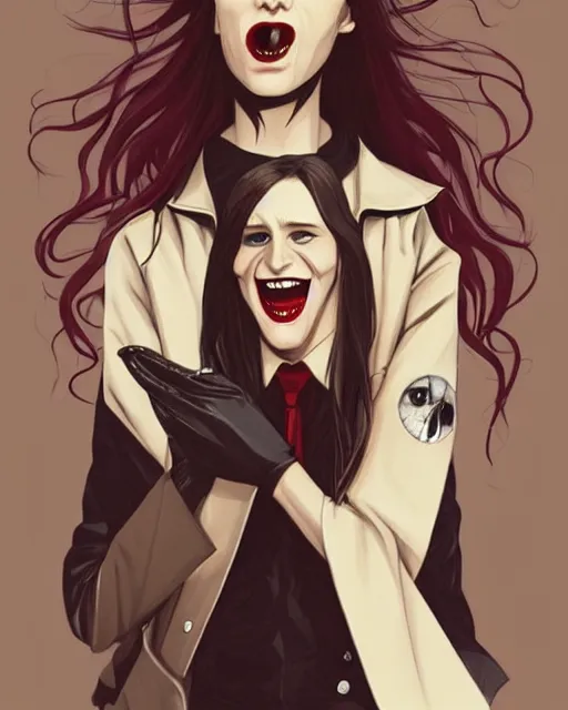 Prompt: pretty female Taissa Farmiga vampire, Jamie McKelvie comic art, Peter Mohrbacher, sharp vampire teeth, sarcastic smile showing teeth, symmetrical eyes, realistic face, symmetrical face, brown leather jacket, jeans, long black hair, full body