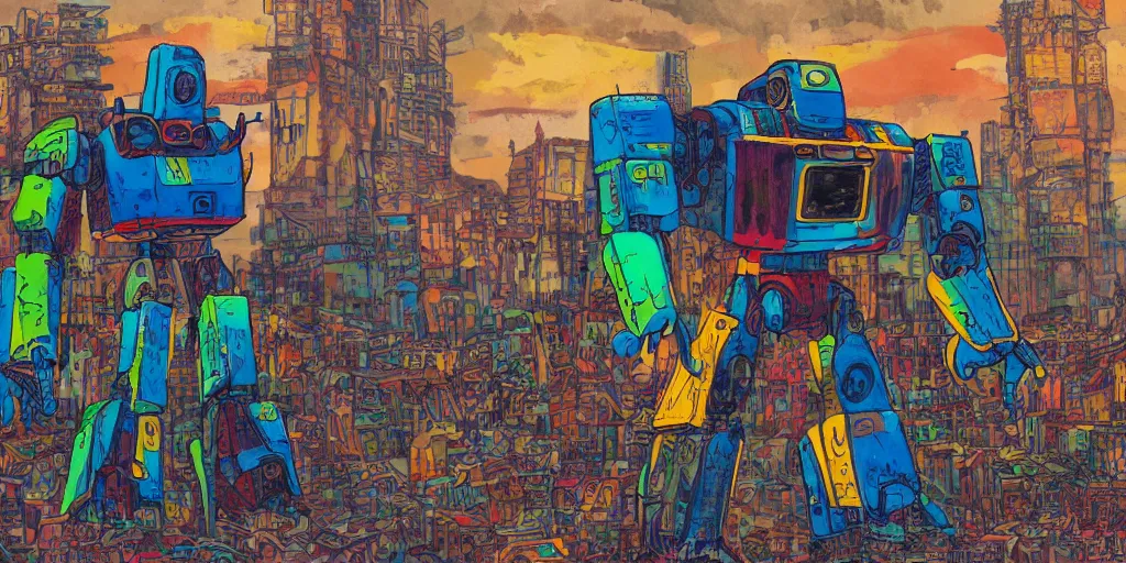 Image similar to colourful - damaged - giant mecha ROBOT of AJEGUNLE SLUMS of Lagos, markings on robot, Golden Hour, in the style of studio Ghibli,