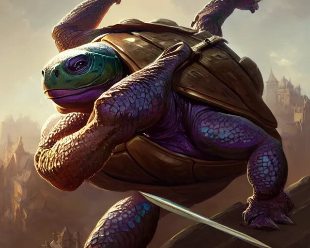 Image similar to battle turtles, deep focus, d & d, fantasy, intricate, elegant, highly detailed, digital painting, artstation, concept art, matte, sharp focus, illustration, hearthstone, art by artgerm and greg rutkowski and alphonse mucha