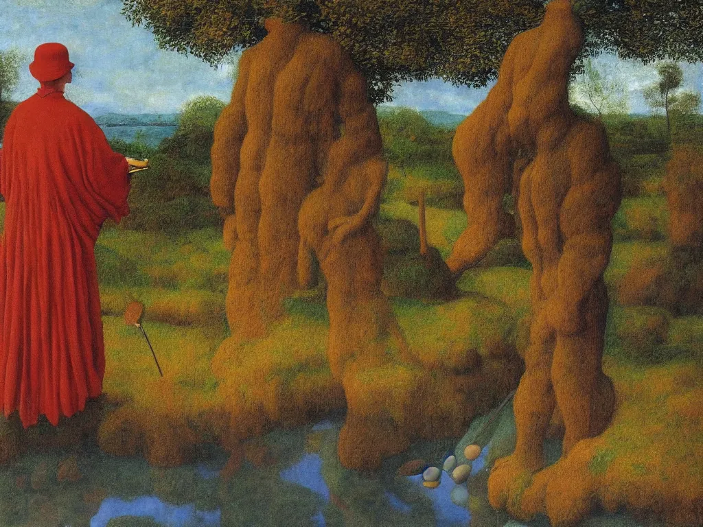 Prompt: Portrait of a painter washing his brush in a river. Humanoid rocks, coral-like pebbles, autumn light. Painting by Jan van Eyck, Rene Magritte, Jean Delville, Max Ernst