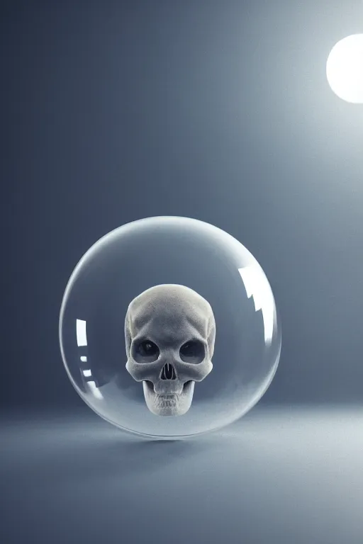 Prompt: photo of a bubble in the shape of a skull, highly detailed, masterpiece, photorealistic, octane render, volumetric lighting, depth of field