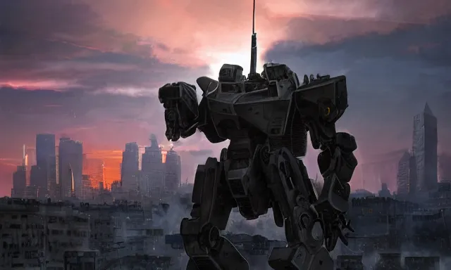 Image similar to Mech defending the city at sunset, photorealistic, hyperrealistic, digital illustrations, concept art, photoreal, mechwarrior, battletech, highly detailed, intricate, award-winning, dark, gritty, beautiful colors, hdr, rendered in Octane, rendered in Unreal engine, 4k, ultra hd