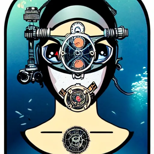 Image similar to a tarot card of a female diver with a oxygen mask intricate clockwork detailed mask with front profile by MARVEL comics and Sandra Chevrier