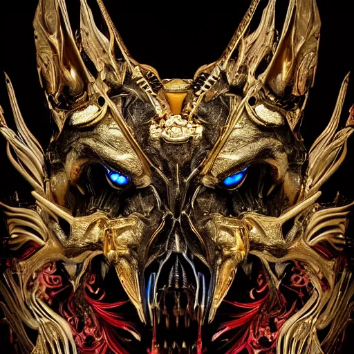 Image similar to portrait closeup of half wolf skull half iroquois warrior skull, dramatic lighting, circural, golden ornaments, symmetric, intricate skeletal decorations, symmetry, highly detailed, concept art, black, glimpse of red, white, gold layers, centered, style of nekroxiii, hyperrealistic, black background, smoke