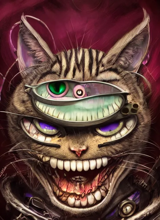 Image similar to cheshire cat, angry, scary, cheeky, steampunk googles, highly detailed, cinematic, 8 k, by megan duncanson, benjamin lacombe, stanley artgermm, tom bagshaw, craig mullins, carne griffiths, ayami kojima, beksinski, giger, trending on deviantart, hyper detailed, horror, full of colour