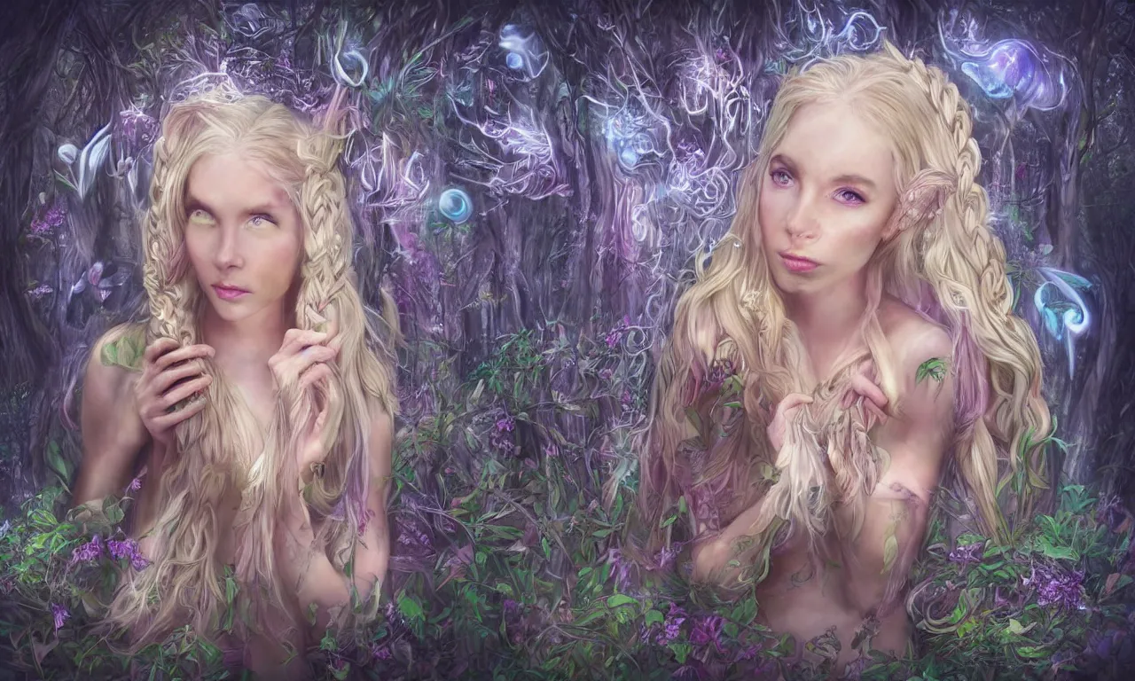 Image similar to beautiful blonde woman with plaits, forest fae, psychedelic mushrooms, magic, mystical, white witch, photorealistic