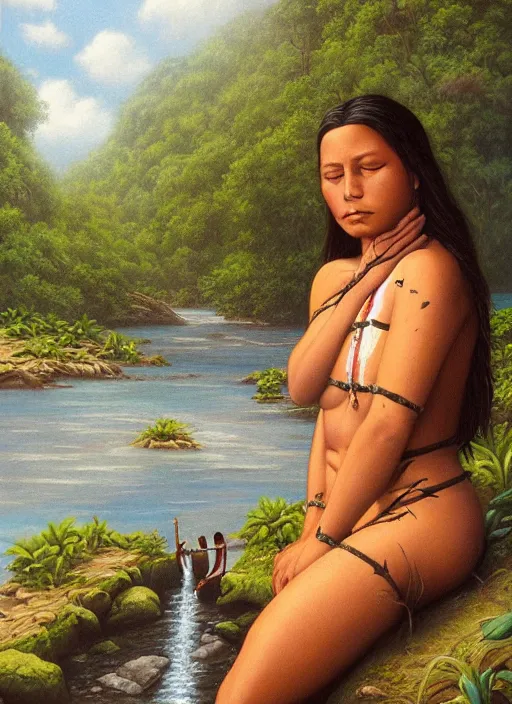 Image similar to a realistic painting of an indigenous woman relaxing near a river in the amazon jungle, highly detailed, trending on devian art, art by christophe vacher