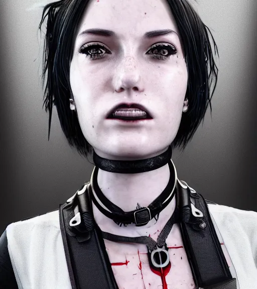 Image similar to detailed realistic female character cyberpunk wearing thick steel collar around neck, realistic, art, beautiful, 4K, collar, choker, collar around neck, punk, artstation, detailed, female, woman, choker, cyberpunk, neon, punk, collar, choker, collar around neck, thick collar, tight around neck, punk,