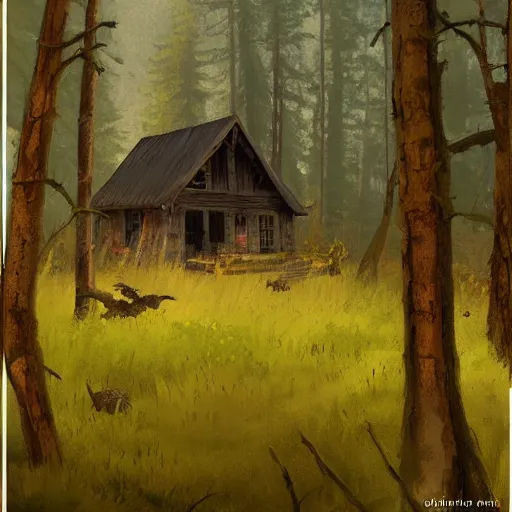 Image similar to a painting of a eerie cabin in the middle of the woods in the style of craig mullins