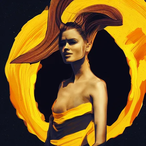 Prompt: award - winning. trending on artstation. 4 k. expressive. a figure wearing layered yellow robes while a black hole floats in space behind them. dark background. in the style of victor antonov