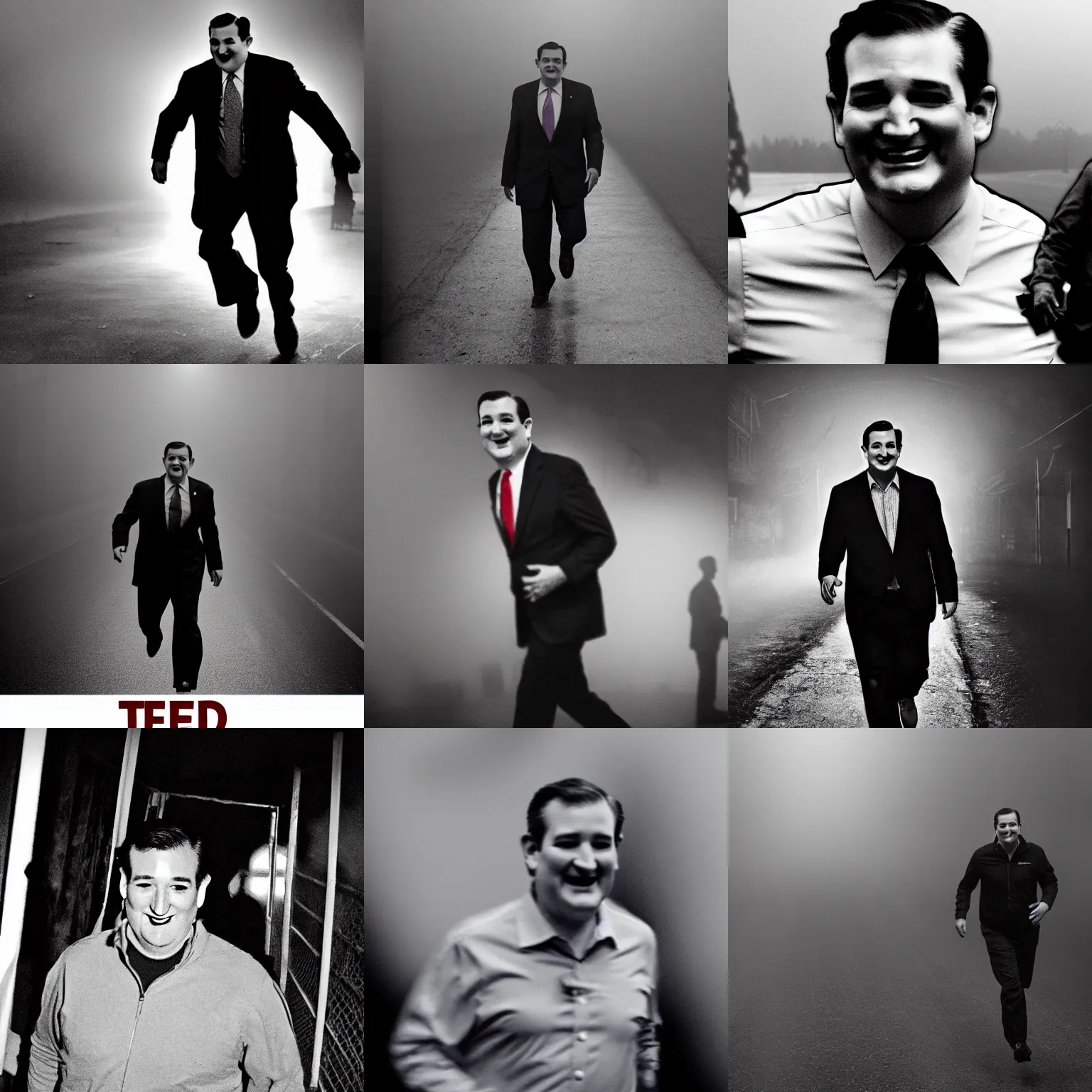 Prompt: Ted Cruz with a wide grin running away from law enforcement with a dead bodies in the background, black and white, creepy lighting, foggy atmosphere, scary, horror, ornate, eerie, fear