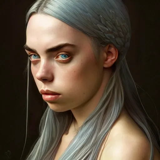 Image similar to portrait of billie eilish, muscular, upper body,big chest, D&D, fantasy, intricate, elegant, highly detailed, digital painting, artstation, concept art, matte, sharp focus, illustration, art by Artgerm and Greg Rutkowski and Alphonse Mucha