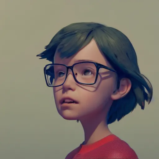 Prompt: A young girl with glasses looking to a rainy sky, designed by Peter Andrew Jones and Pixar, photorealistic, 3d render, award winning render, unreal engine, octane render, studio lighting, 8k, hd, Dustin Nguyen, Akihiko Yoshida, Greg Tocchini, Greg Rutkowski, Cliff Chiang, PIXAR