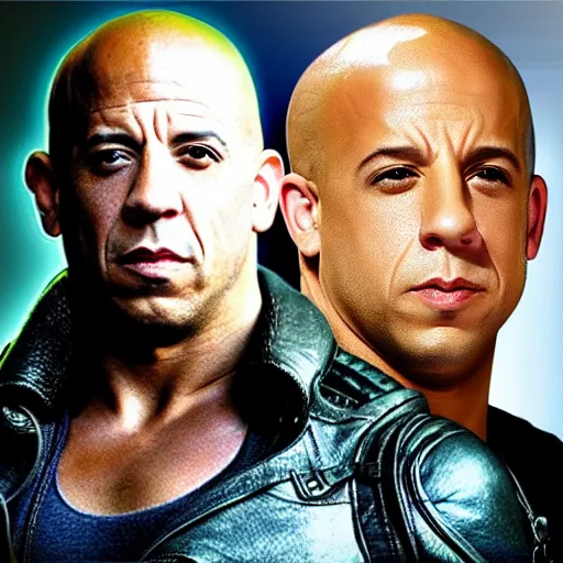 Prompt: Vin Diesel with a ridiculous mullet wig, Riddick movie cover