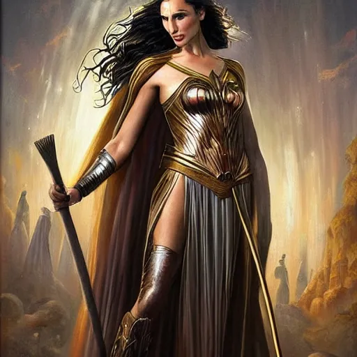 Image similar to Full body oil painting of the beautiful woman Gal Gadot, she is wearing some withe ancient roman cloths and a surreal ornate, her hair is natural disheveled, she is approaching heaven, she is in the Parthenon in Athens while people are claiming for her, she is attracting lightnings, naturalism, dramatic lighting, high-detailed oil painting by Ilya Repin, Michelangelo da Caravaggio, William Blake, Alex Grey and Beksinski, trending on Artsatio, hystorical painting, masterpiece, 4k, 8k,