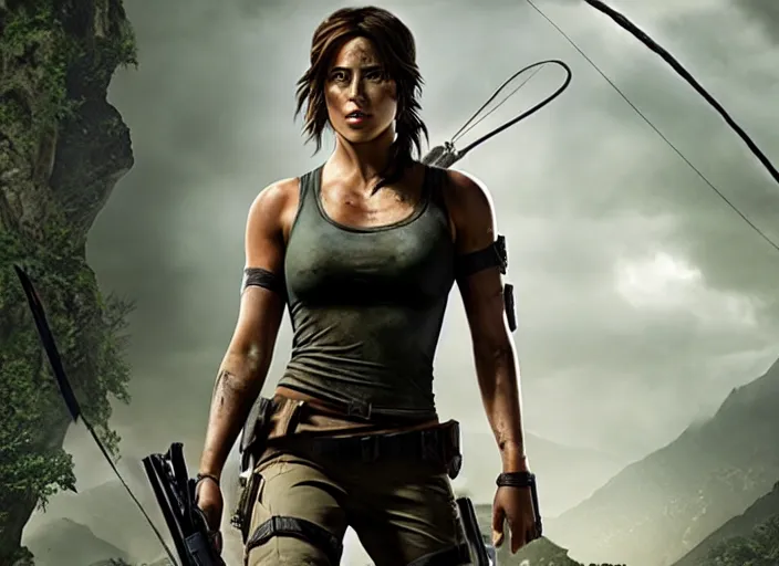 Image similar to film still of!!!! chloe bennett!!! as lara croft in new tomb raider movie, 8 k